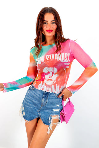 I'm With The Band - Pink Green Multi David Bowie Mesh Top