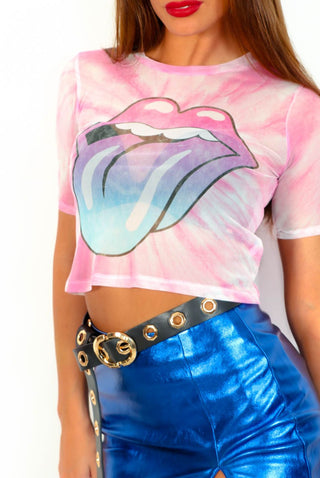 I'm With The Band - Pink Tie Dye Rolling Stones Mesh Crop T-Shirt
