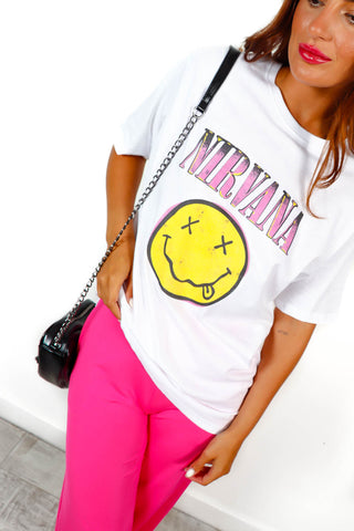 I'm With The Band - White Yellow Smiley Nirvana Licensed T-Shirt