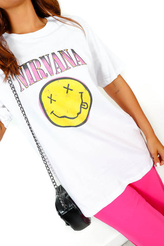 I'm With The Band - White Yellow Smiley Nirvana Licensed T-Shirt