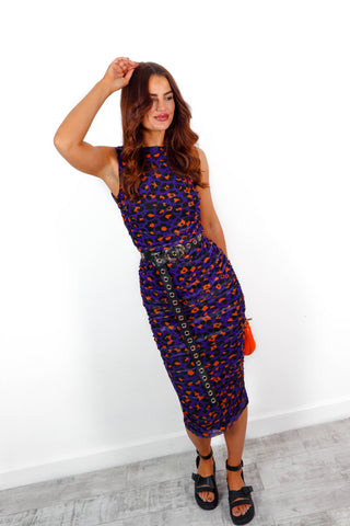In My Trance - Purple Orange Leopard Print Sleeveless Mesh Midi Dress