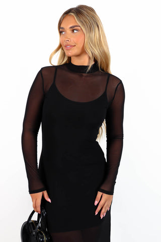 It's Sheer Luck - Black Long Sleeve Mesh Overlay Midi Dress