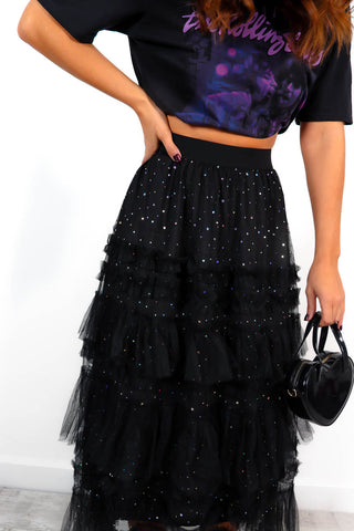 It's Tulle Late - Black Diamante Lace Midi Skirt