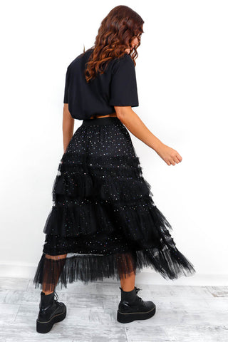 It's Tulle Late - Black Diamante Lace Midi Skirt