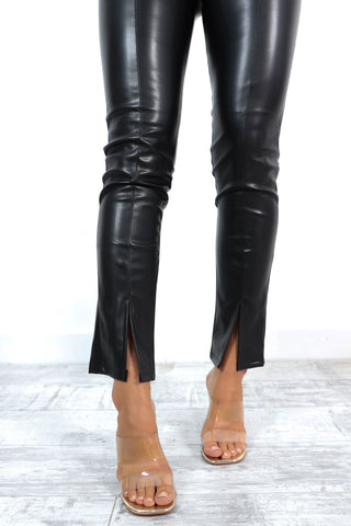 Its Now Or Leather - Black Split Leg Faux Leather Trousers