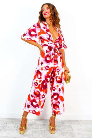 Its Showtime - Red Pink Animal Print Culotte Jumpsuit