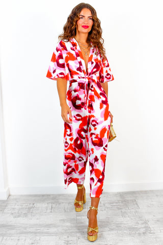 Its Showtime - Red Pink Animal Print Culotte Jumpsuit