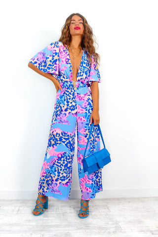 Jump Right In - Blue Pink Leopard Belted Jumpsuit