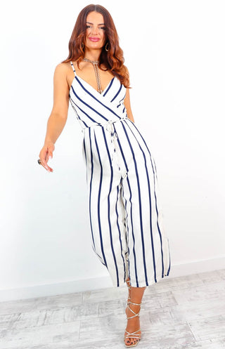 Jump Up The Volume - White Navy Striped Culotte Jumpsuit