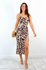Just A Fling - Beige Leopard Ruched Midi Dress