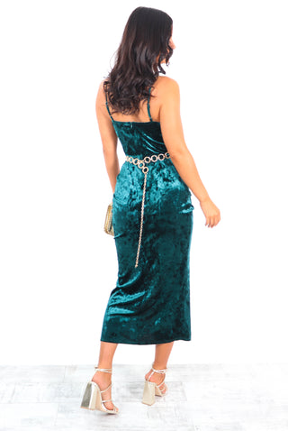 Just A Fling - Forest Green Crushed Velvet Midi Dress