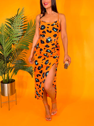 Just A Fling - Orange Green Leopard Print Midi Dress