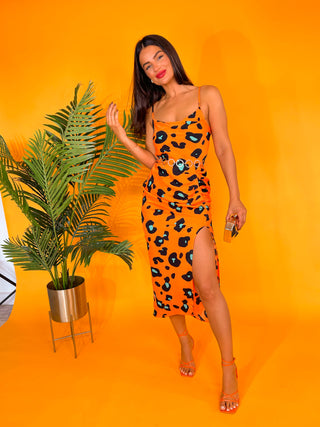 Just A Fling - Orange Green Leopard Print Midi Dress