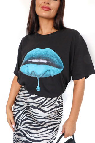 Kiss And Tell - Black Blue Lips Graphic T-Shirt