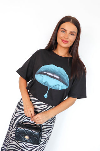 Kiss And Tell - Black Blue Lips Graphic T-Shirt