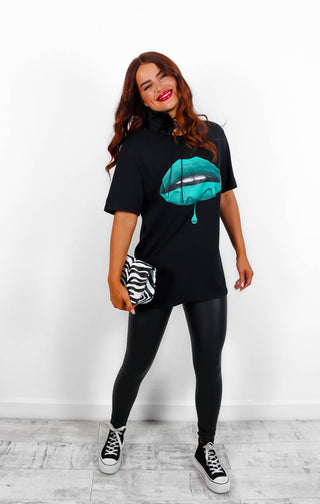 Kiss And Tell - Black Green Lips Graphic T-Shirt