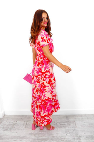 Knot In Love - Pink Peach Floral Print Maxi Dress