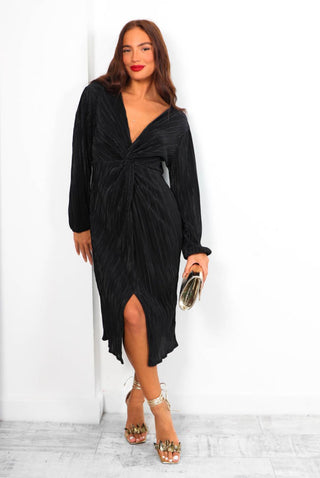 Knot My Problem - Black Plisse Knot Long Sleeve Midi Dress