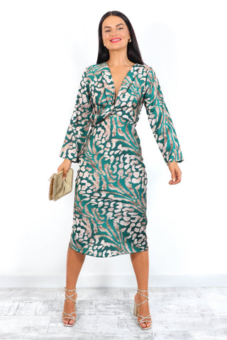 Knot Your Average - Forest Beige Leopard Long Sleeve Midi Dress