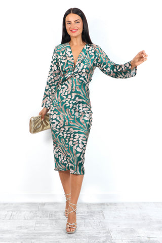 Knot Your Average - Forest Beige Leopard Long Sleeve Midi Dress