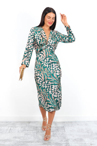 Knot Your Average - Forest Beige Leopard Long Sleeve Midi Dress