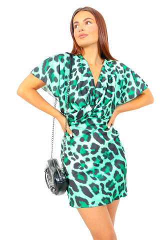 Knot Your Average - Green Leopard Mini Dress