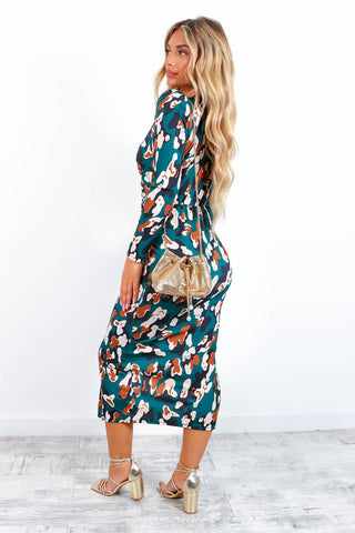 Knot Your Problem - Forest Multi Printed Plunge Midi Dress