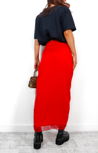 Lace Off - Red Split Leg Midi Skirt