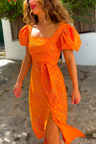 Last But Not Least - Orange Multi Spot Puff Sleeve Midi Dress