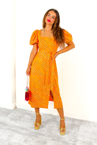 Last But Not Least - Orange Multi Spot Puff Sleeve Midi Dress