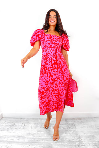 Last But Not Least - Pink Red Abstract Floral Midi Dress