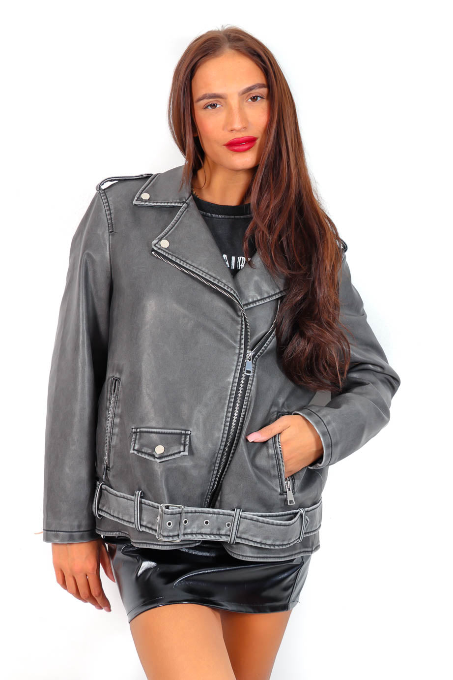 Women's Black Leather Biker Jacket, Black V-neck T-shirt, Grey Tapered  Pants, White Leather Low Top Sneakers