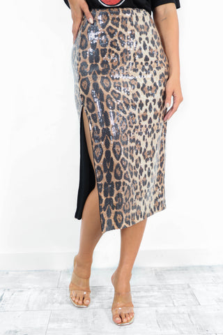 Leopard You Like Sparkle - Beige Leopard Sequin Midi Skirt