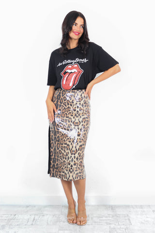 Leopard You Like Sparkle - Beige Leopard Sequin Midi Skirt