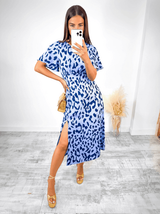 Let's Split - Blue Leopard Print Midi Dress