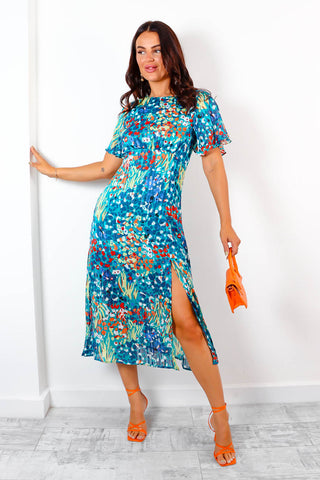 Let's Split - Blue Multi Floral Print Midi Dress