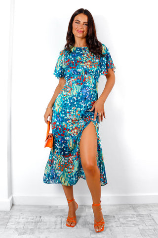 Let's Split - Blue Multi Floral Print Midi Dress