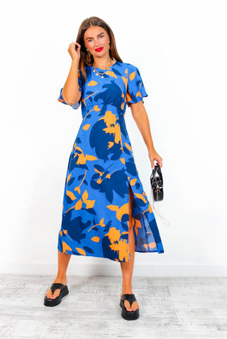 Let's Split - Blue Orange Floral Midi Dress