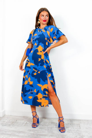 Let's Split - Blue Orange Floral Midi Dress