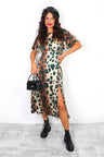 Let's Split - Green Beige Giraffe Print Midi Dress