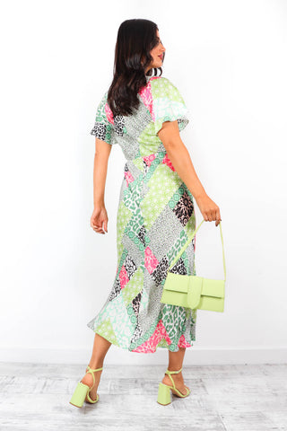 Let's Split - Green Multi Printed Leg Split Midi Dress