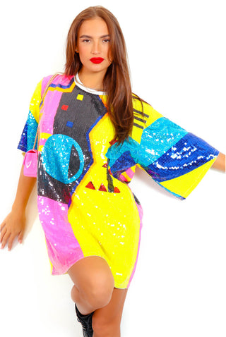 Light Up My World - Multi Neon Sequin Mini T-Shirt Dress