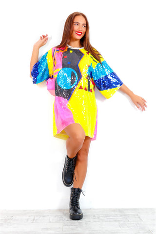 Light Up My World - Multi Neon Sequin Mini T-Shirt Dress