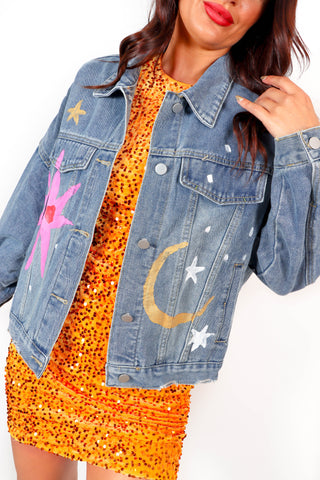 Look On The Bright Side - Light Blue Rainbow Denim Jacket