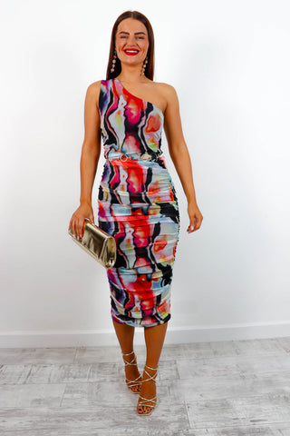 Look Over Your Shoulder - Black Multi Abstract Mesh Midi Dress