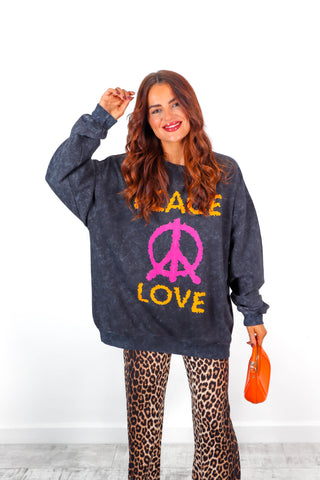 Love Your Peace - Acid Wash Fuchsia Orange Graphic Sweatshirt