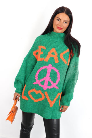 Love Your Peace - Green Pink Reversible Knitted Jumper