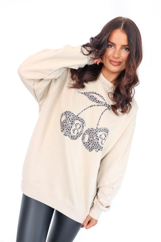 Lucky Cherry - Leopard Print Cherry Graphic Beige Sweatshirt