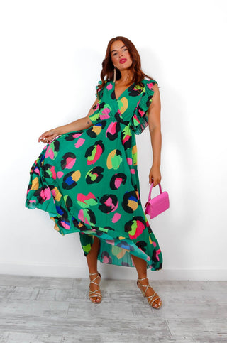 Mamma Mia - Forest Neon Leopard Pleated Maxi Dress
