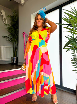 Mamma Mia - Multi Abstract Print Pleated Maxi Dress